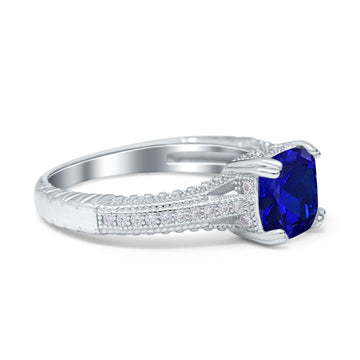 Cushion Cut Art Deco Engagement Ring Simulated Blue Sapphire CZ 925 Sterling Silver